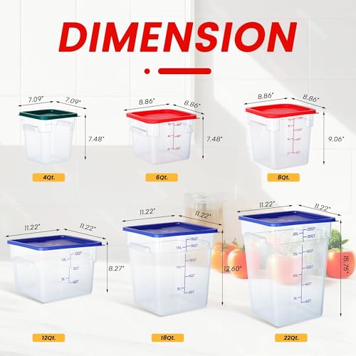 4 Pack 6 Qt Square Polycarbonate Food Storage Containers with Lids | Clear BPA-free PC with lids, side handles, measurement scale and stackable design; for food prep, storage and freezer use. - color: 6Qt