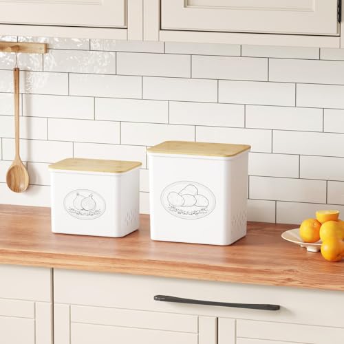 Lifewit Plastic Potato and Onion Storage Bin, Stackable Garlic Keeper with Aerating Holes and Lid, Vegetable Container Box for Pantry Countertop, White, 24 x 18 x 24 cm/9.5 x 7 x 9.5 inch, Set of 2 - color: White