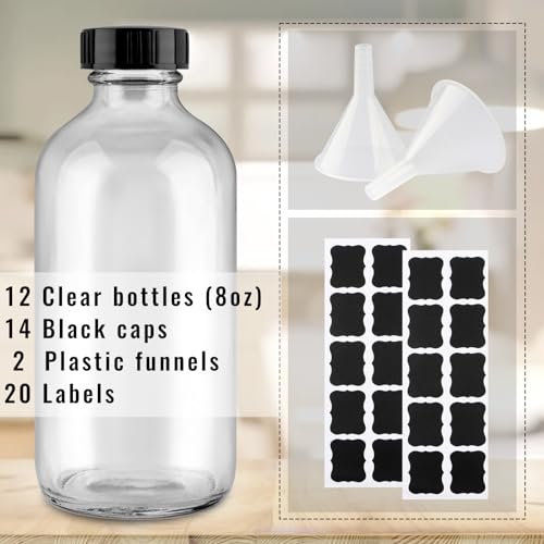 PINIWON 12 Pack 8 oz Clear Glass Bottles, 240ml Boston Round Sample Bottles with Black Poly Cone Caps, Labels and Funnels - color: Clear-12 pack