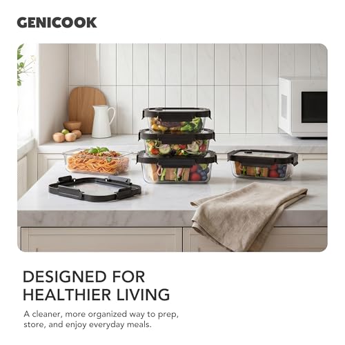 GENICOOK Glass Meal Prep Containers with Glass Lids, 4 Pack Airtight Glass Food Storage Containers, Borosilicate Glass Lunch Containers for Healthy Meal Prep, Microwave Oven Dishwasher Safe, BPA Free - color: black