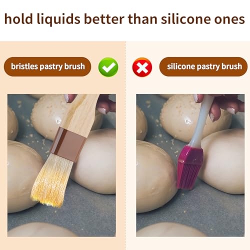 3 Pack Natural Bristle Pastry Brush for Basting Baking Cooking Food | Wooden Handle for Grilling & BBQ, Shed-Resistant Cooking Brushes for Sauce, Oil, Butter and Marinade