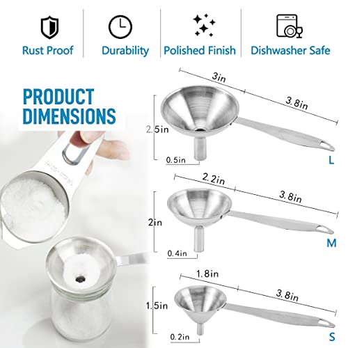 Small Funnels for Filling Bottles, 3 Pcs Stainless Steel Kitchen Funnel Set, Food Grade Mini Metal Funnel for Transferring Oil Liquid, Easy Cleaning with a Brush (Long Handle) - size: long handle