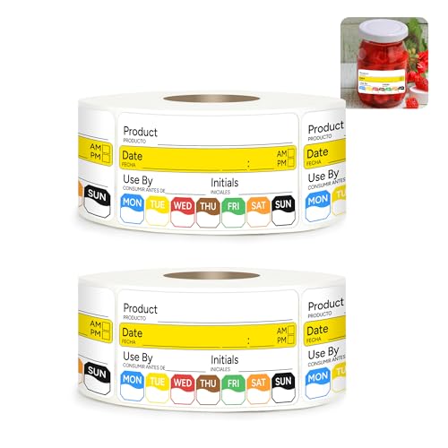 2 Rolls 1000 Pcs 1 inch X 2 inch Restaurant Quality Shelf Life Food Rotation Labels, Self-Adhesive Removable for Reusable Containers, Food Safety Date Sticker, Leftover Labels - style: 1*2in-1000pc-Yellow-Black2