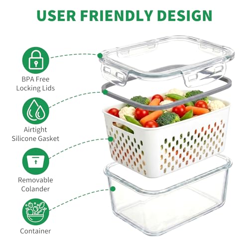 Vegetable Containers for Fridge, Stay Fresh Fruit Vegetable Storage Containers with Lid and Removable Colander, Stackable Vegetable Storage for Berry Salad Lettuce Vegetables Meat Various Food, 3PCS