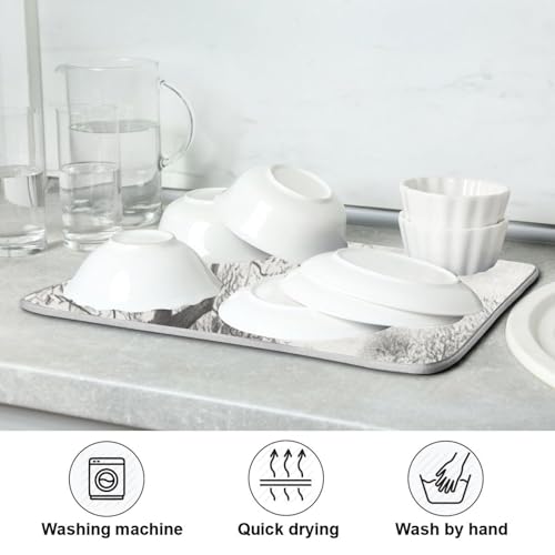 Bare Trees Gray Dish Drying Mat for Kitchen Counter Super Absorbent Draining Mat with Non-slip Backed Sink Tray Mat for Dish Bottles Cups Bowl Countertops Sinks Draining Racks