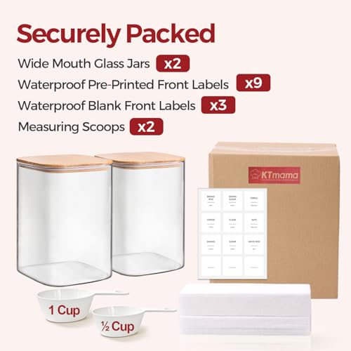 2-Pack 1 Gallon Square Glass Flour and Sugar Containers with Lids, Large Airtight Pantry Jars for Baking - Glass Canisters with Scoops & Labels for Bulk Food - size: 1gallon*2