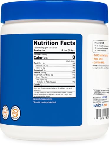 Nutricost Sodium Citrate Powder 1LB (16oz) Food Grade, GMO-Free | Emulsifier, Natural Flavor Enhancer, Food Preservant - size: 16.01 Ounce (Pack of 1)