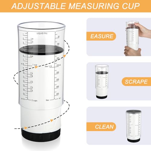 6 Pcs Adjustable Measuring Cups Set Includes 2 Cup Push up Measuring Cup and 5 Measurings Spoon for Peanut Butter 4 in 1 Liquid Dry Semi Solid Ingredient Home Cooking Tool - size: 2 cups