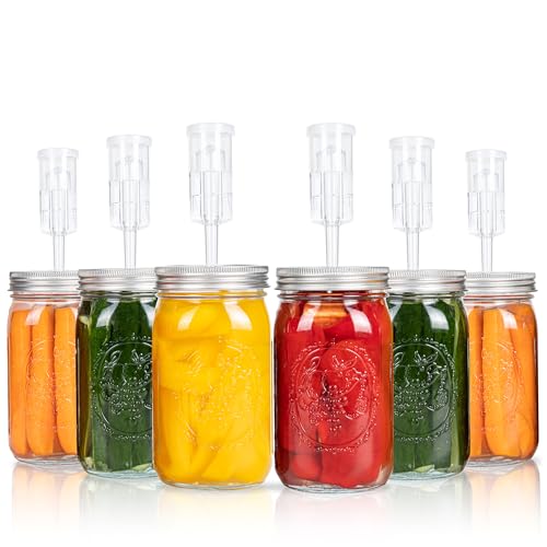 Jillmo Fermentation Lids for Wide Mouth Mason Jars, Stainless Steel Auto Venting Fermenting Lid Kit with Airlocks & Silicone Grommets for Pickles, Kimchi & Sauerkraut, 6 Pack, No Jars Included - size: Pack of 6