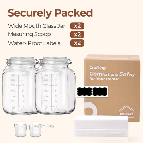 ComSaf Large Square Glass Jars with Airtight Lid 1 Gallon 2 Pack Wide Mouth | Flour sugar rice, Kombucha, Bulk pantry organization, Measurement marks, Pickling fermenting, Snacks, Sourdough pickling - size: 1.1 Gal*2-Wide Mouth