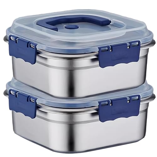 Stainless Steel Food Storage Containers, 2PCS 1.8L Airtight Marinade Container with Handle & Buckle, Oven Safe for Roasting Brining Meal Prep, Kimchi Use