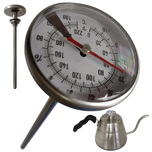 Water Thermometer for Tea Kettle Stainless Steel Water Temperature Thermometer with 1.4in Dial & 4in Probe Temperature Meter for Hot Liquid with Nut & Spacer