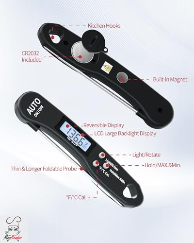 5 PCs Fast 1.2s Instant Read Meat Thermometer for Grilling & Smoking, ±1°F Accuracy with Calibration, Reversible Backlit LCD for Left/Right Hand, Magnetic Digital Food Thermometer for BBQ, Candy, Oil
