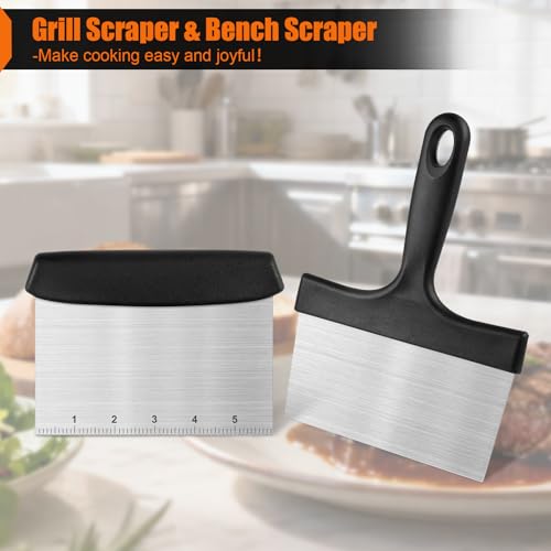Grill Scraper&Bench Scraper Set,Food Scraper with Handle for Blackstone, Flat Top Grill Cleaning,Premium Stainless Steel Dough Cutter with Measuring Scale for Pastry,Cake,Pizza,Bread,Cooking - style: Grill Scraper&Bench Scraper Set