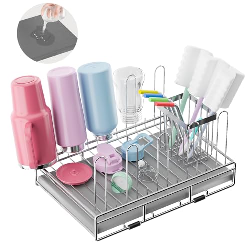 Baby Bottle Drying Rack Organizer Stainless Steel Large Countertop Glass Water Bottle Dryer Holder with Diatomite Stone Quick Dry Easy Clean and Brush Holder