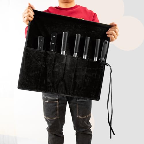 Genuine Leather Knife Roll, Knife Bags for Chefs Professional, Small Chef'S Knife Case Holder, Knives Holders Protectors with 7 Slots - color: 7 Slots Black