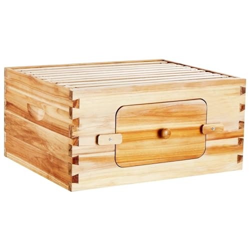 Bee Hive Deep Box Starter Kit, 100% Beeswax Coated Natural Cedar Wood, Langstroth Beehive Kit with 10 Frames and Foundations, Transparent Acrylic Bee Windows for Beginners and Pro Beekeepers