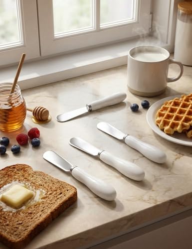 Stainless Steel Butter Knife Spreader with Handle for Kitchen,4 Pack,White | Cheese Knives Set with Porcelain Handle,Dishwasher Safe, for Soft & Hard Cheese, Jam, Cold Butter - style: 4Pack