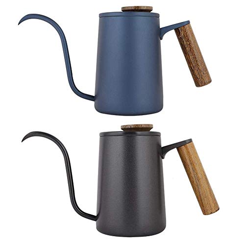 Fdit Gooseneck Coffee Kettle, Precision Pour Stovetop Drip Pot for Pour Over Tea 304 Stainless Steel Blue Wooden Handle Thermometer Lid Vent 600ml 1 Pack