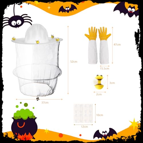 62 Pcs Beekeeper Costume Set Bee Keeper Hat with Veil 20pcs Felt Bees Beekeeping Gloves 2 Sheets Double Sided Tape Bee Keeper Costumes Adult Halloween Costume