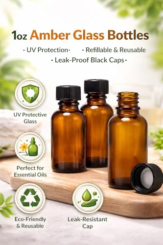 GreenHealth Pack of 4-1oz Amber Glass Bottles for Essential Oils - Mini Boston Round Bottles with Lids - Black Plastic Cap