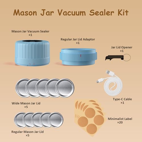 HTPOW Mason Jar Vacuum Sealer, Auto Sealing for Regular and Wide Mouth Jars | Meal prep, food storage, one-touch operation, regular and wide mouth jars, 1300mAh battery, reusable lids - color: Blue