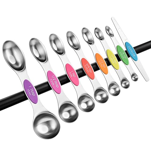 Spring Chef Stainless Steel Magnetic Measuring Spoons Set of 8 with Leveler, Nesting Metal Teaspoon & Tablespoon Measuring Spoons, Kitchen Gadgets for Baking & Cooking, Fits in Most Spice Jars - Neon - color: Neon, size: 1-Pack