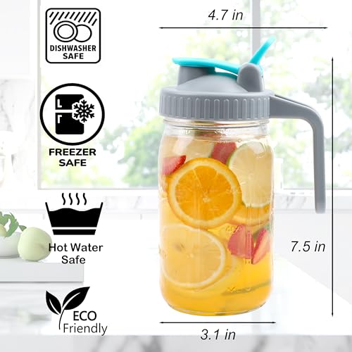Mason Jar Pitcher Wide Mouth 32 OZ 2 Pack Glass Pitcher With Handle And Pour Spout Lid Airtight And Leakproof Water Jug With Flip Cap For Iced Coffee, Milk, Beverage, Lemonade, Iced Tea - color: 32 OZ 2PC