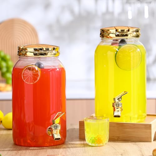 Havawish 2 Pcs 1 Gallon Plastic Beverage Dispenser with Spigot Clear Summer Kitchen Fridge Drink Dispenser for Parties Lemonade Juice Tea Beer Cold Water(Gold,Cylinder) - color: Gold, style: Cylinder
