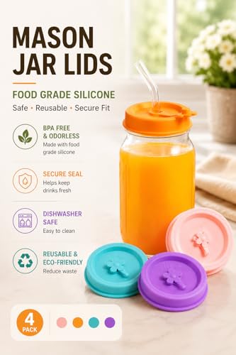 Silicone Mason Jar Lids with Straw Hole for Regular & Wide Mouth Jars | Regular and Wide Mouth Compatible, With Straw Hole, With Stopper,BPA Free,Dishwasher Safe - color: bright color 4pcs