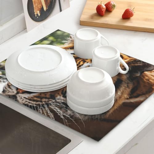 Wild Animal Tiger Dish Drying Mat for Kitchen Counter, Absorbent Microfiber Drainer Mats, Non-slip Kitchen Draining Mat for Coffee Machine Dish Rack Pad 18"x16" Dish Drainer Pad - color: Wild Animal Tiger