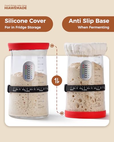 40oz Sourdough Starter Jar with Feeding Tracker – Thickened Clear Glass Fermentation Jar (1.2L) w/Date Marked Band, Thermometer Strip, Cloth Cover & Spatula – Sourdough Kit for Home Bakers