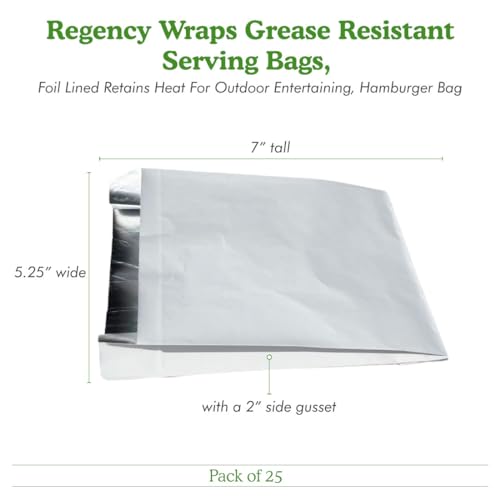Regency Wraps Grease Resistant Snack Serving Bags, Foil Lined, Pack of 25 For Burgers, Sandwiches, Panini's, Pitas, Insulated to Keep food Warm - size: Pack of 25, style: Hamburger Bag