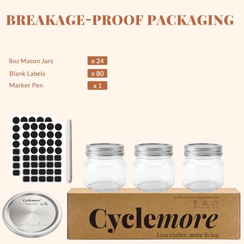CycleMore 24 Pcs 8oz Clear Glass Mason Jars With Regular Silver Separable Lids, 250ml Round Spice Canning Jars for Honey, Jam, Herb, Wedding Favors, Kitchen Storage, DIY Souvenir - size: 8oz - 24 Pack