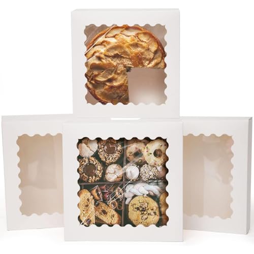 qiqee Auto-pop Up White Pie Boxes with Window 10x10x2.5 inch 20Packs Cookie Donut Bakery Box - color: White, size: 10"x10"x2.5"/20 Pcs