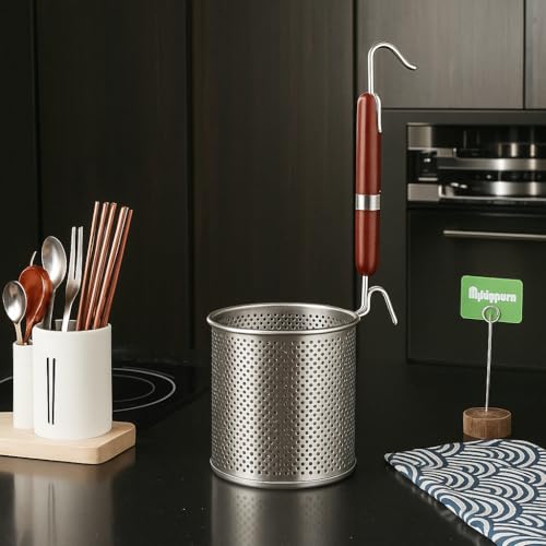 Mesh Pasta Basket Food Strainer Insert For Pot, Colander with Round Wooden Handle Stainless Steel Mesh Spider Strainer for Pasta Noodles Dumpling Vegetable - size: 7inches(diameter)