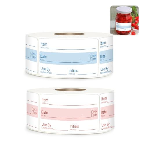 2 Rolls 1000 Pcs 1 X 2 inch Removable Food Date Sticker Labels, Easy to Write for Freezer, Refrigerator Food Containers Date Sticker, Leftover Labels - style: Blue-Red-Spanish-no-week