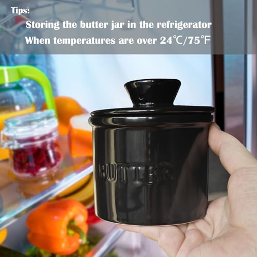 Ceramic Butter Crock, Airtight Butter Crock With Lid for Countertop, Round French Butter Keepers, Porcelain Butter Dish With Lid (Black) - size: Black