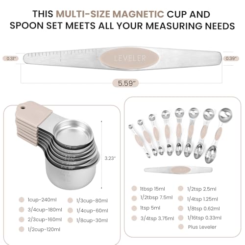 Magnetic Measuring Cups and Spoons Set-Heavy Duty 304 Stainless Steel,Double Measurement Markings,Set of 16 with Leveler for Measure Dry and Liquid Ingredients (khaki) - color: Khaki