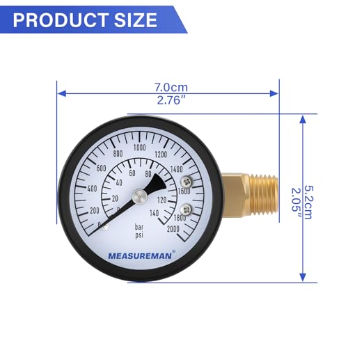 MEASUREMAN CO2 Regulator Gauge Set for Beer Kegs, 0-2000 PSI, Dual Scale, Bar/PSI, 2’’ Dial, 1/4’’ NPT, Black Iron Case, Aluminum Pointer, Brass Components, with Hose Clamps& Nylon seals - size: 1pc, style: 0-2000 psi With Washers&Clamps