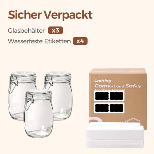 ComSaf 3-Pack 34oz Round Glass Apothecary Jars, Farmhouse Decor for Kitchen Counter Display, Airtight Cookie & Candy Jar for Coffee & Food Storage - size: 34oz*3