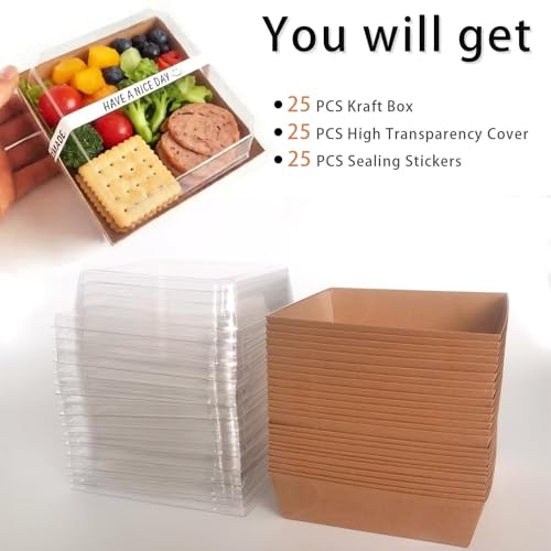 25-Pack Charcuterie Boxes with Clear Lids – Disposable Paper Mini Food Containers (5-Inch), Suitable for Desserts, Sandwiches, Cookies, Sushi, Cake Slices, and Fresh Fruit