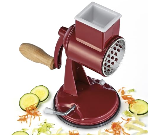 Zassenhaus Classic Drum Grater, Manual Kitchen Grater, Painted Metal, Beech Wood, Stainless Steel, Suction Base, 2 Grating Drums and Pestle, Can be Used as Vegetable Cutter, Cheese Grater and Slicer - color: Red