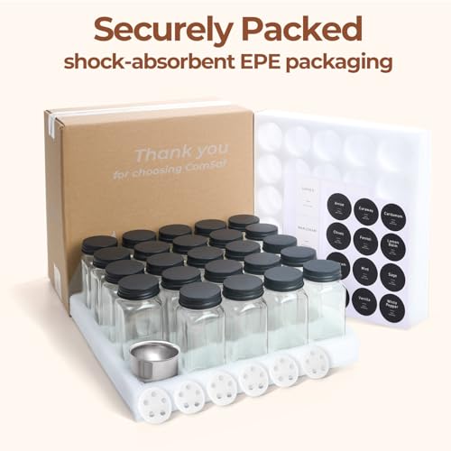 ComSaf Glass Spice Jars with with Labels 4 oz 24 Pack Small Square Bulk Set | Empty Containers, Seasoning Herb Powder, Salt Pepper Chili, Spice Rack Organization, Kitchen Cabinet Storage, Funnel Included - color: Metal Black Lids
