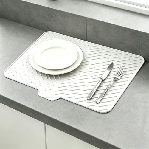 Silicone Dish Drying Mat for Kitchen Counter,23"X17" With Built-in Drain Lip,Food-Grade Silicone,Heat-Resistant Eco-friendly Hygienic Drying Mat Leak-Proof and Non-Slip,Multi-Functional Use(White) - color: White, size: 23" x 17"