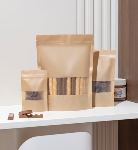 24/7 Bags- 100 Pack, Kraft Paper Stand Up Pouch Bag- 7.8" x 10", Resealable Zip-Lock with Front Window, Zero BPA, Easy Tear Notch, Self Stand Up, Food Grade Interior Coating - size: 7.8"x10"- 100 Count