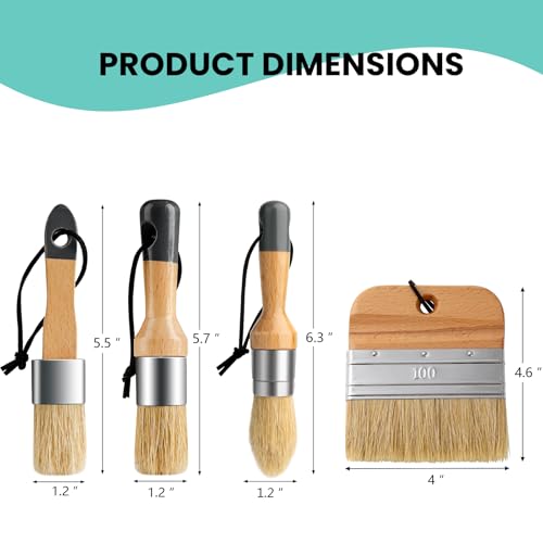 Mister Rui Chalk Wax Paint Brush, 4pcs, Chalk Paint Brushes for Furniture, Flat Pointed and Round Brush with Natural Bristles for Chalk Paint and Wax, Natural Bristles Stencil Brushes, No Shedding