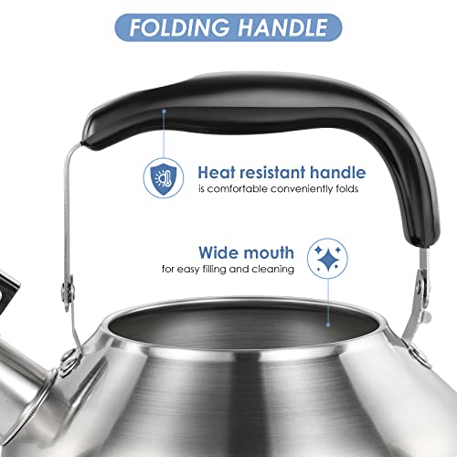 4.2 Quart/4L Large Whistling Tea Kettle, 304 Stainless Steel Brushed Satin, Fast Boil for Induction & Gas Stoves - size: 4.2 Quarts