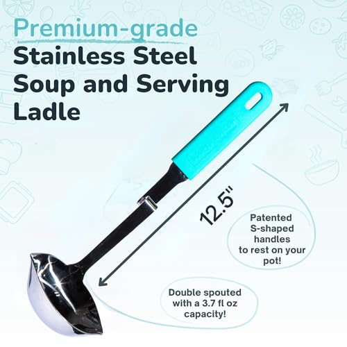 Souper Cubes + Lori Greiner No Mess Stainless Steel Soup Ladle with Silicone Handle - Metal Soup Ladle with No Mess Design That Hooks on Side of Any Pot - Aqua - color: Aqua, size: Ladle 1-Pack