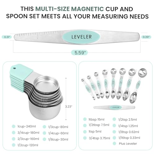 Magnetic Measuring Cups and Spoons Set-Heavy Duty 304 Stainless Steel,Double Measurement Markings,Set of 16 with Leveler for Measure Dry and Liquid Ingredients (Mint) - color: Mint